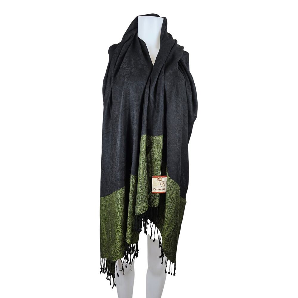 Pashmina 100% Pashmina Green Black Paisley Scarf Headdress Decor NWT